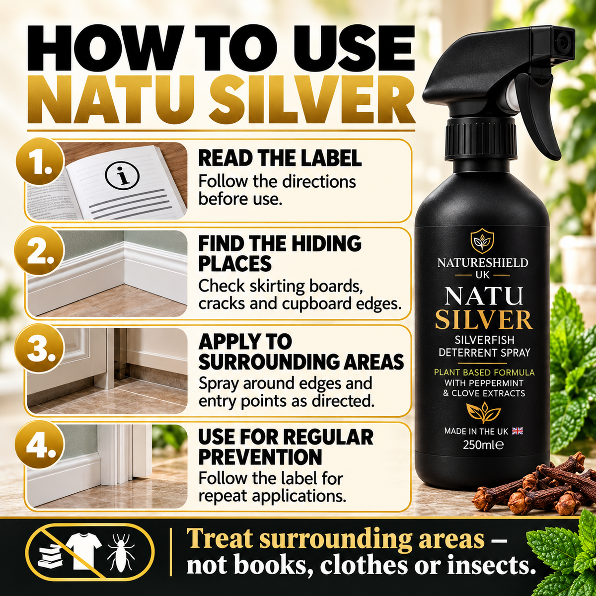NatuSilver – Natural Silverfish Deterrent Spray | 250 ml